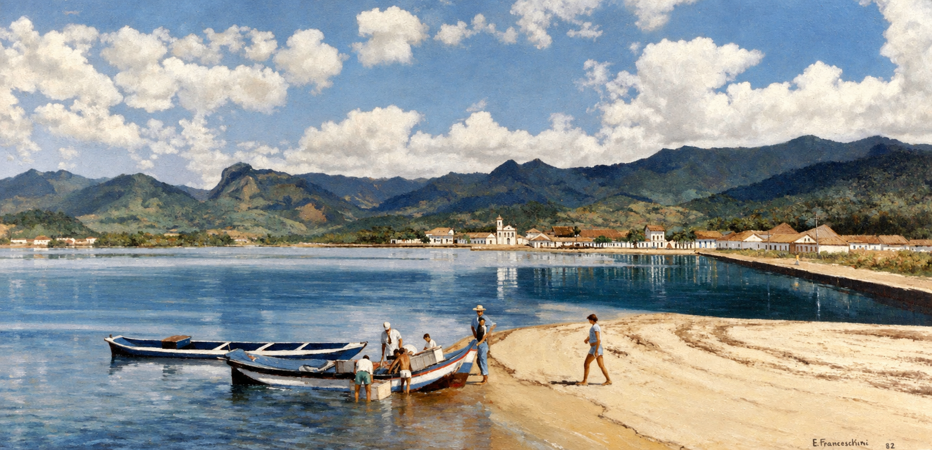 Paratí — Barcos e pescadores à beira da água, diante da cidade e das montanhas.