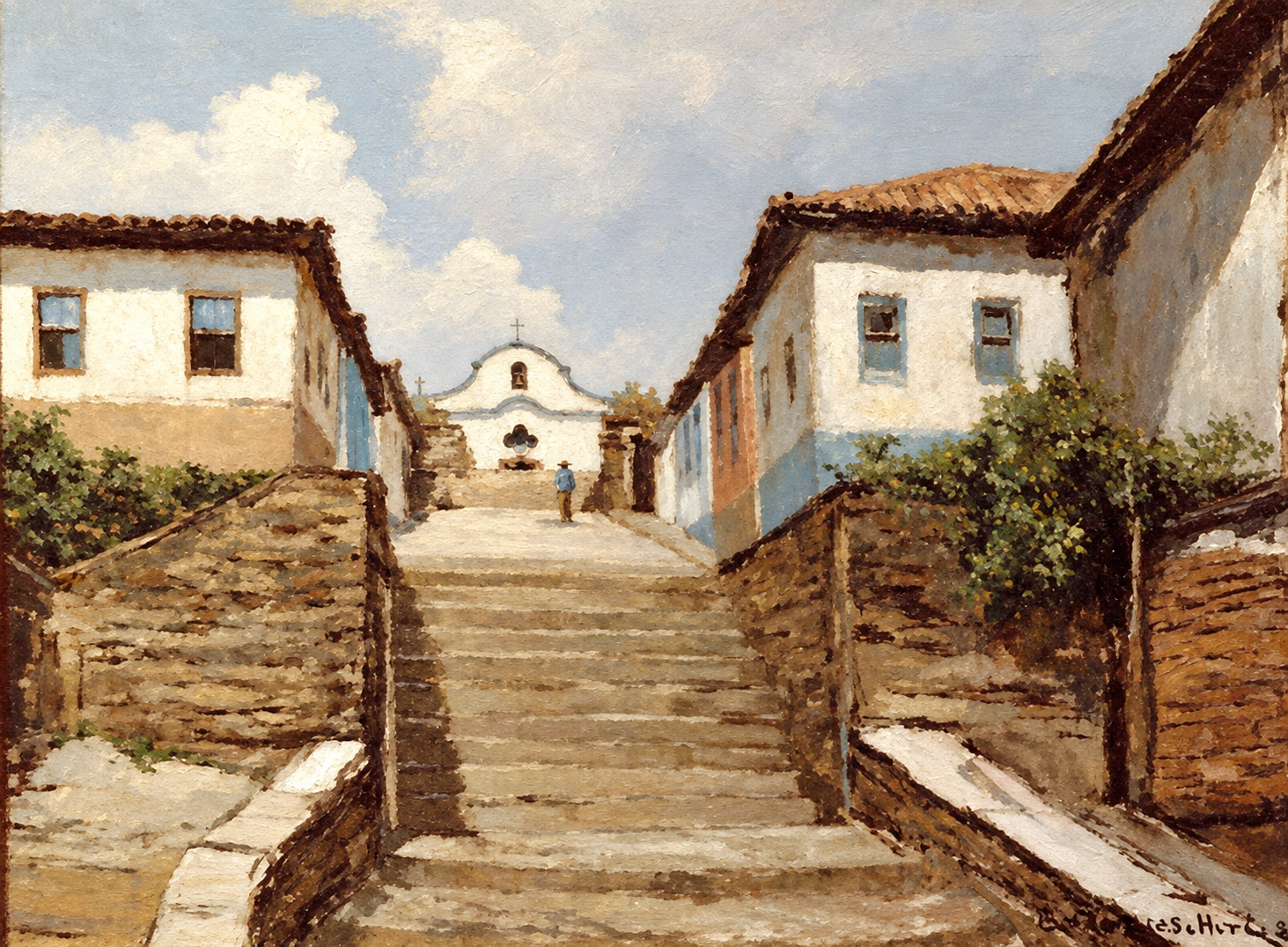 Ouro Preto I — Escadaria entre casas antigas conduz a uma igreja ao fundo.