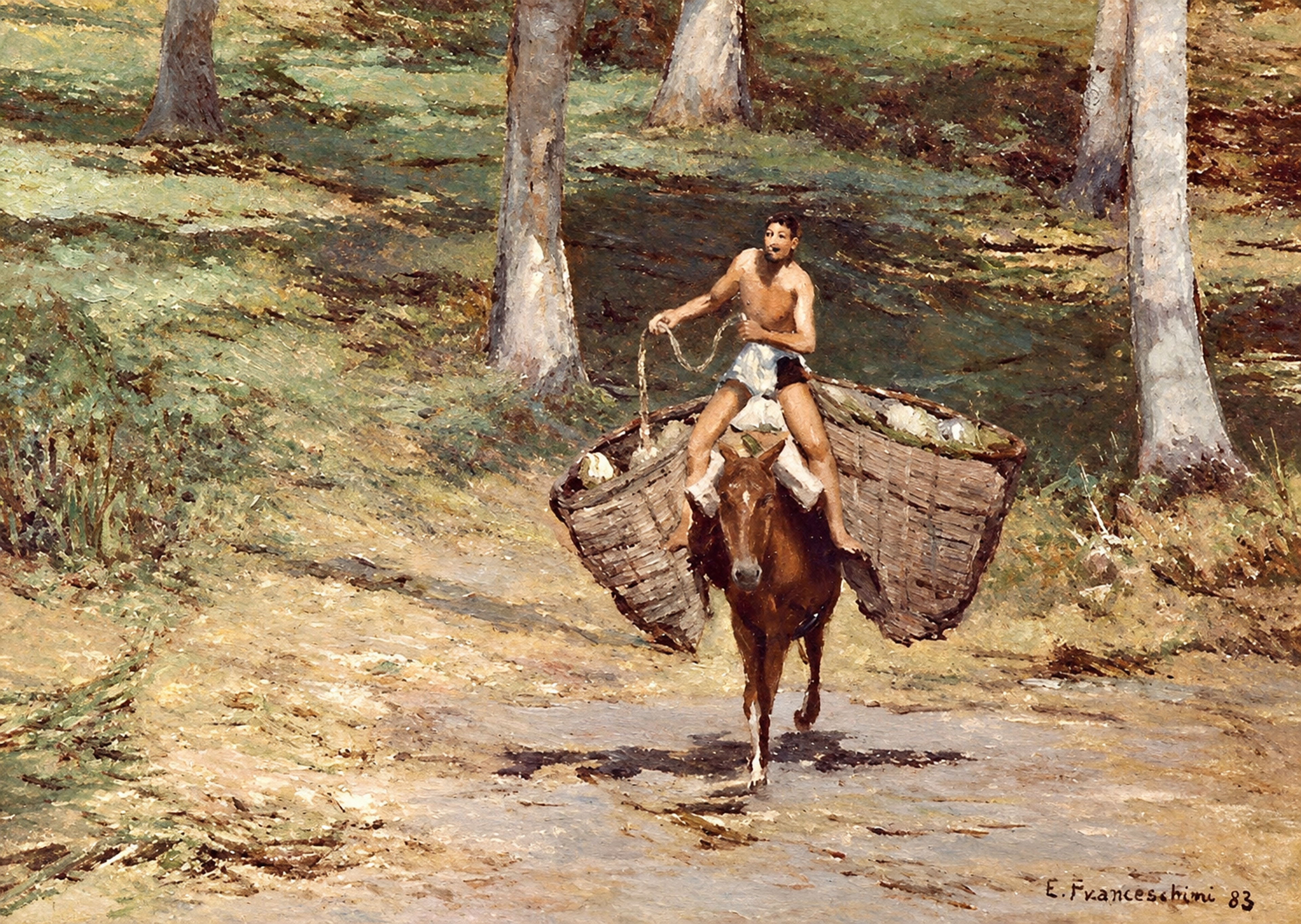 Coleta de Côco — Figura montada conduz um animal carregado com grandes cestos.